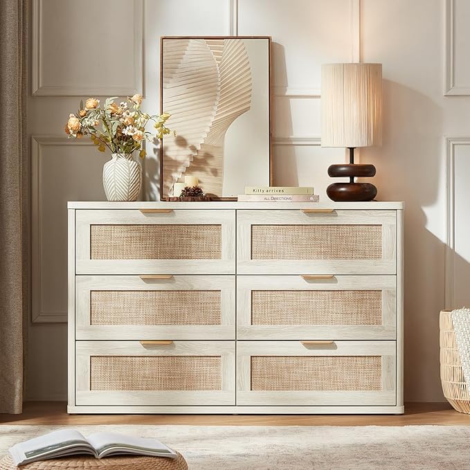 LEYAOYAO Rattan Dresser for Bedroom Set of 2, Boho 48" Wide White Dresser Chest of Drawers, Dressers TV Stand with Metal Handle, Storage Dressers Closet Organizer for Living Room, Hallway