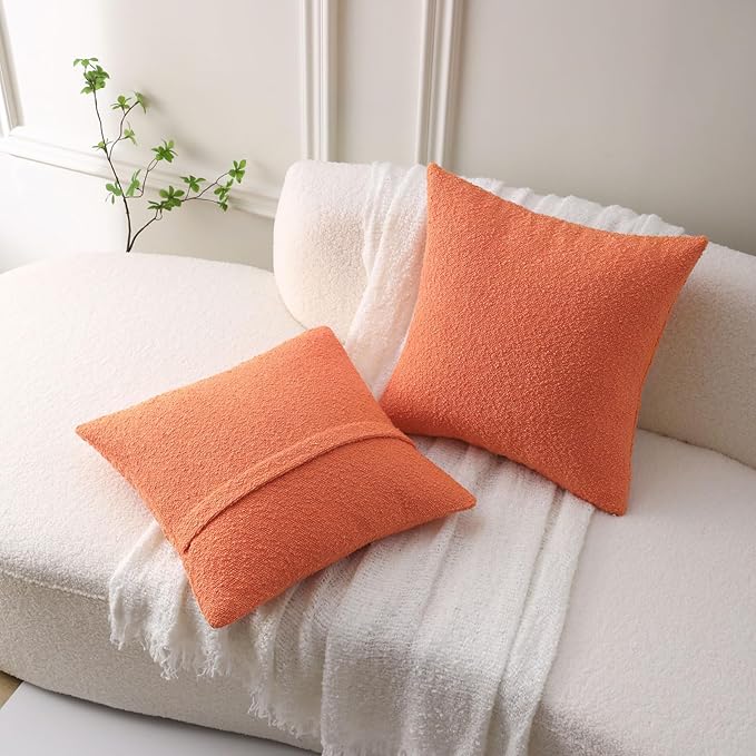 FUTEI Pack of 2 Orange Decorative Throw Pillow Covers 26x26 Inch Soft Cozy Solid Boucle Textured Euro Pillow Shams,Modern Home Decor for Couch Bed Living Room