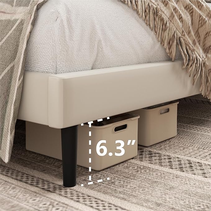 Full Size Platform Bed Frame with Velvet Upholstered Headboard, Full Bed Frame with Strong Wood Slats, Mattress Foundation, Box Spring Optional, Easy Assembly, Beige