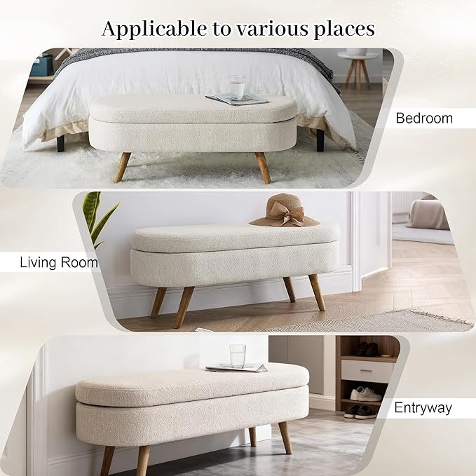 Storage Ottoman Bench 43" Ottoman Bench for Bedroom, Upholstered Boucle Fabric Footrest End of Bed with Safety Hinge Solid Wood Legs Foot Stool Storages Benches for Living Room Entryway, Beige