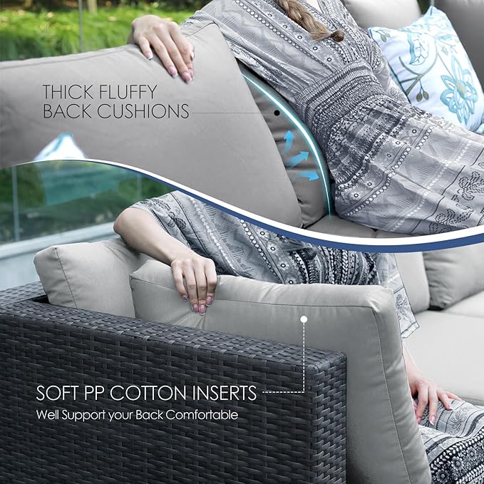 NICESOUL 9 Piece Patio Set with Firepits Natural Gas/Propane, 29.3'' High Back Comfortable L Shape Outdoor Conversations, XL Large Size Deep Seated Wicker Sectional Sofa Furniture Set, Gray