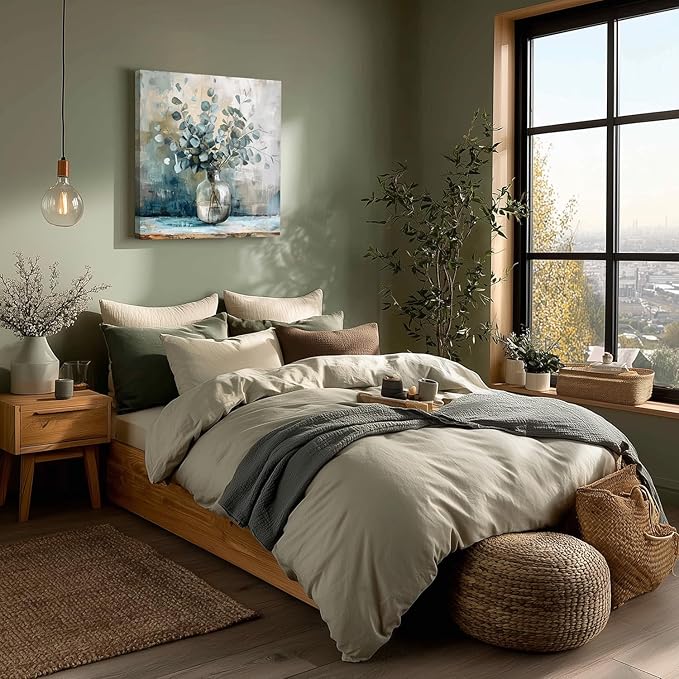 Framed Eucalyptus Leaf Wall Art, Sage Green Botanical Canvas Print, Rustic Farmhouse Bathroom Wall Decor, Soft Blue Floral Aesthetic Picture for Bedroom living Room 16x16 inch