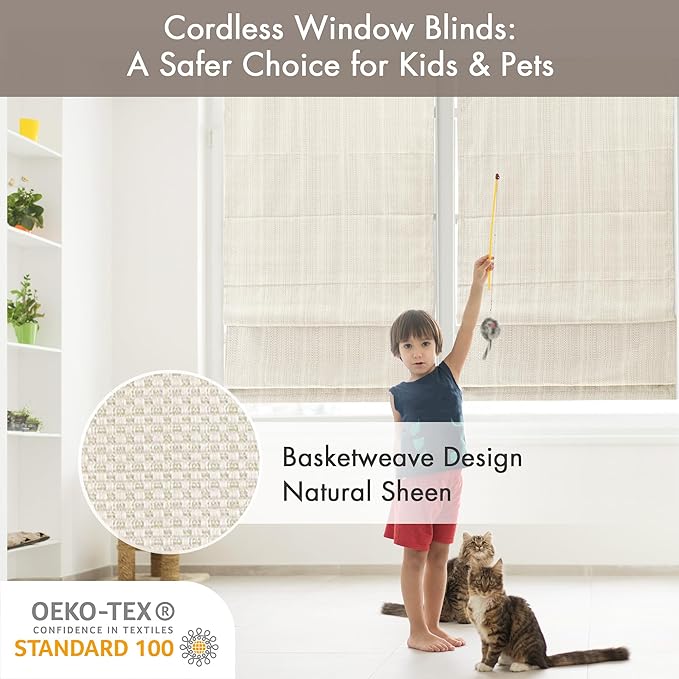 Madison Park Galen Cordless Roman Shade, 27"W x 64"H, Sheen Ivory – Room Darkening, Thermal Insulated, Energy Efficient Window Blind with Subtle Sheen Basketweave Fabric for Privacy