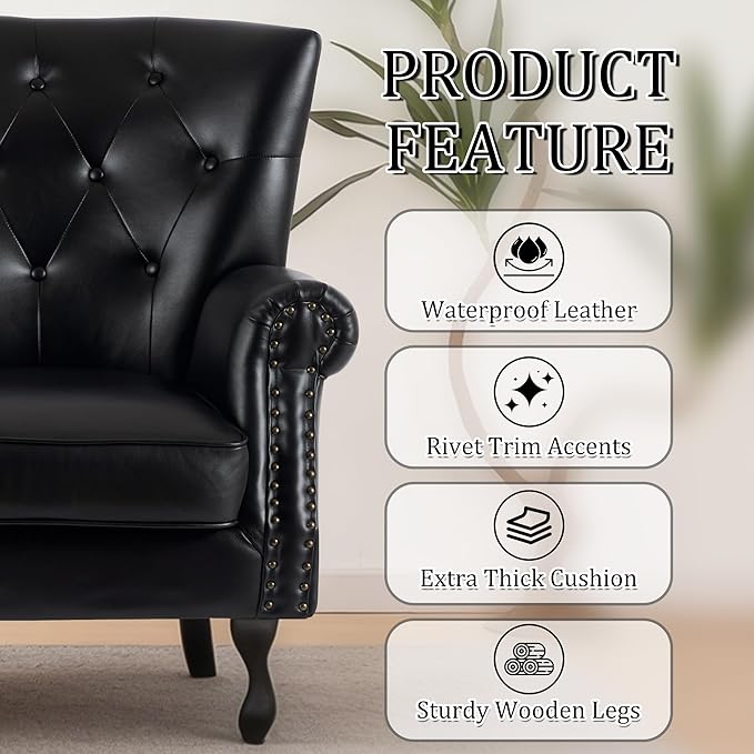 Modern Accent Chair Set of 2, Mid-Century PU Leather Armchair with Solid Wood Legs, Single Sofa Chair for Living Room, Bedroom, Leisure Room, or Reading Room(Black)