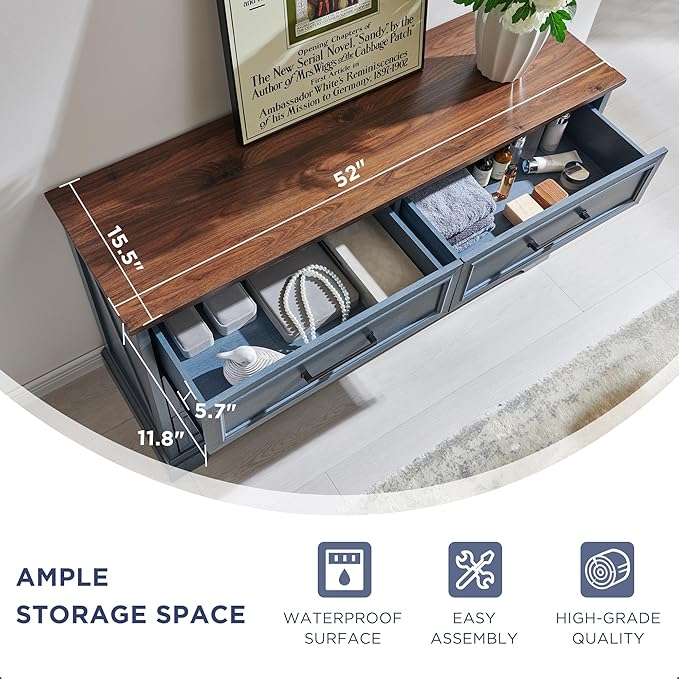 ACCOHOHO Farmhouse 6 Drawer Dresser for Bedroom, 52 Inch Wide Modern Dresser TV Stand with Large Drawers & Bar Handles, Rustic Wood Chest of Drawers for Bedroom, Living Room, Hallway, Blue