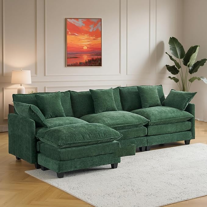 111.4" Cloud L Shaped Sectional Couch with Ottoman｜Modular Chenille Sofa with 29.1" Deep Seat｜FSC Solid Wood Frame｜Easy Assembly & 1YR Guarantee｜for Living Room Bedroom Apartment