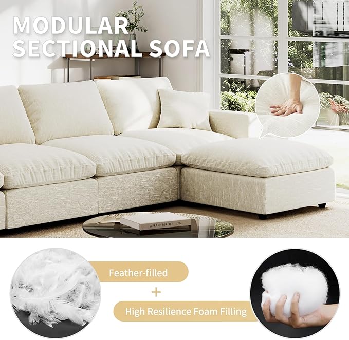 Modern Sectional Linen Cloud Couch for Living Room Armless Modular Filled-Down Sofas,Detachable Couch Cushion Covers,Cozy Feather Down Sofa for Apartment Beige