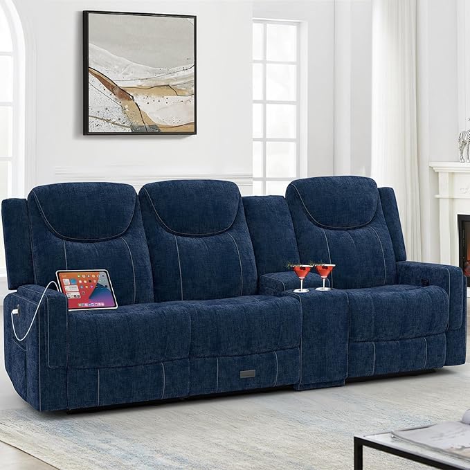 Recliner Sofa, 2 - Way Multi - Function Manual 3 Seater Couch with Cup Holders, Storage & USB Ports, Modern Multifunctional Sofa, Cloud-Like Blue Fabric Reclining Couch for Living Room