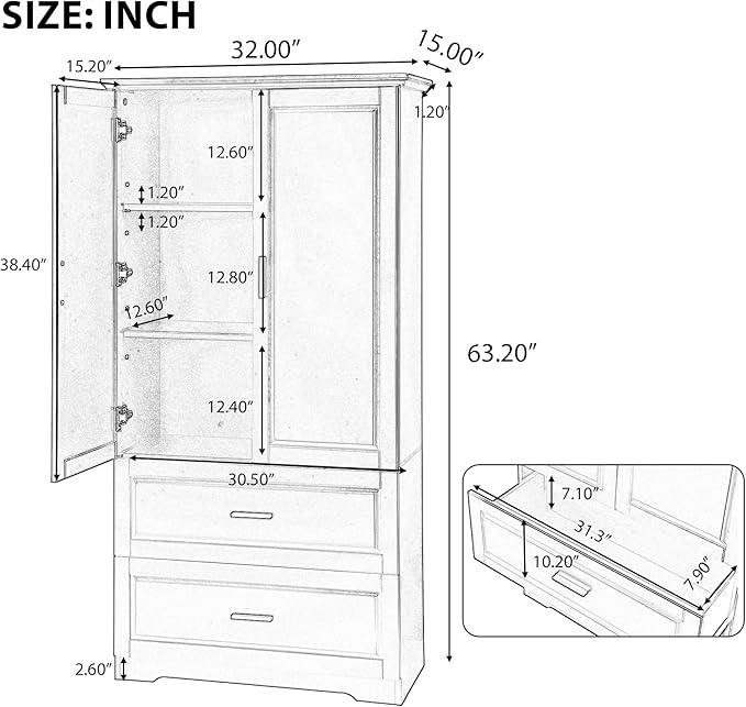 Tall Storage Cabinet, Bathroom Floor Freestanding Storage Cabinet with 2 Doors and 2 Drawers for Bathroom, Office, Living Room, Black