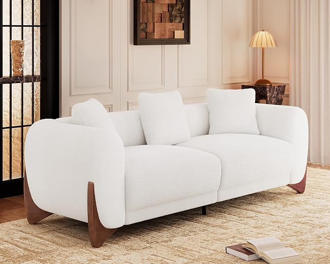 Morden Fort 3 Piece Cloud Couch Set, Modern Sherpa Boucle Sofa with Wood Legs, Skin-Friendly Minimalist Upholstered Comfy Couch Sofa for Living Room, 3-Seater+Off White Chair+Forest Green Chair