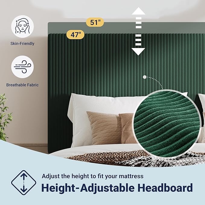 Allewie Queen Size Upholstered Bed Frame with Vertical Channel Tufted Headboard, Soft Corduroy Fabric Platform Bed, Strong Wooden Slats Support, Easy Assembly, No Box Spring Needed, Dark Green