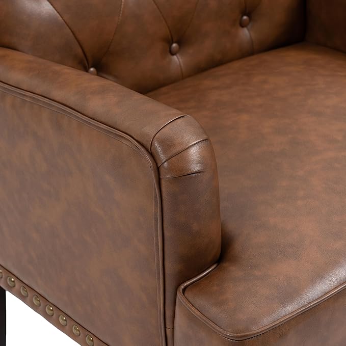 Pia Ricco PU Leather Accent Chairs 2 Pack - Modern Armchairs with Wooden Legs, Office Living Room Bedroom Seating Set-Brown