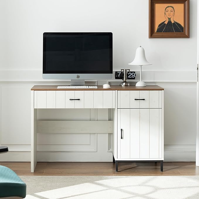 Farmhouse 47" Executive Desk, Home Office Desk with File Drawer and Power Outlet, Computer Desk with 2 Drawers and 1 Storage Cabinet, Workstation for Office Home (White)