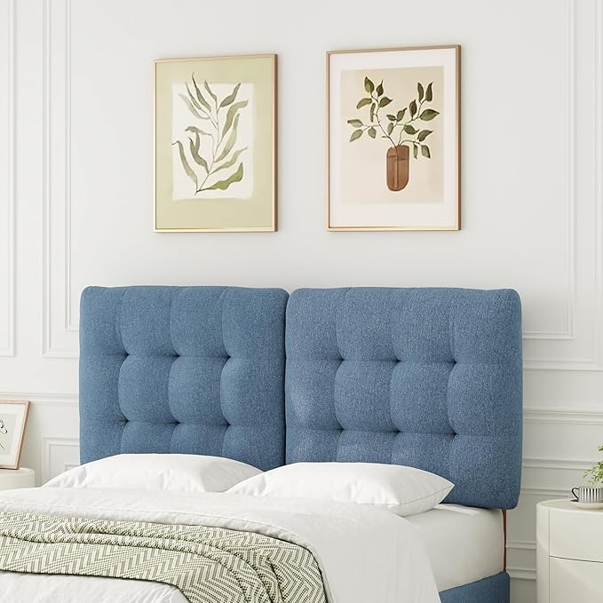 Upholstered Headboard Queen Size, Adjustable Height Queen Headboard Only from 39”to 44”with Durable Solid Wood Legs, Modern Button Diamond Fabric Bed Head Board with Width Adapters, Blue
