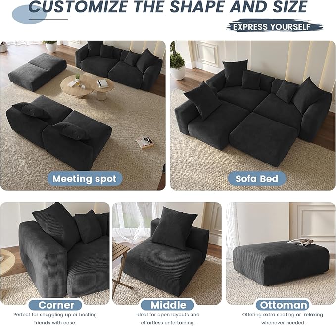 WJShome Modular Sectional Sofa Couch,141.73inch Oversized 3 Seater Sofa,Upholstered with Corduroy Fabric Couches with 5 Pillows,Cushion Covers Removable& Washable,