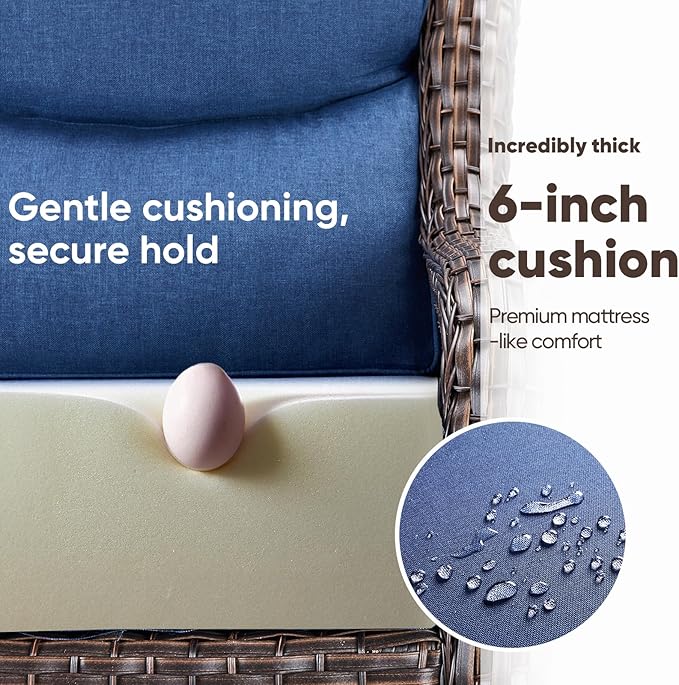 Swivel Patio Chairs sofa Set of 9 with 6" Thick Cushion - Wicker Outdoor Swivel Rocker Patio Chair ,Sofa/Glass coffee table, High Back Comfortable Outdoor Glider Chairs -Brown Wicker Blue Cushion