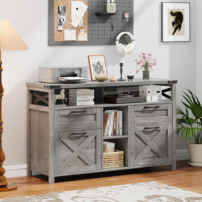 Filing Organization Storage Cabinets 4 Drawer with Adjustable Shelf, Lateral Filing Cabinet with Open Storage Shelf for Home Office, Farmhouse File Cabinets for Hanging Files Letter/A4.Gray