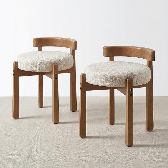 HNY Modern Chenille Vanity Chairs & Ottoman: Upholstered Round Seat with Solid Wood Legs, for Makeup Dressing, Living Room Footrest or Piano Bench, Beige