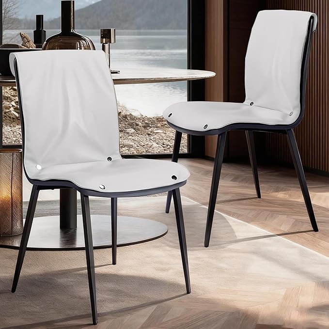 Dining Chair Set Of 2 White Kitchen Dining Room Chairs Comfortable Upholstered Faux Leather Chair Set Sturdy Metal Legs Comfy Back Armless Cushion Seat Non-slip Foot Pads For Restaurant Living Room