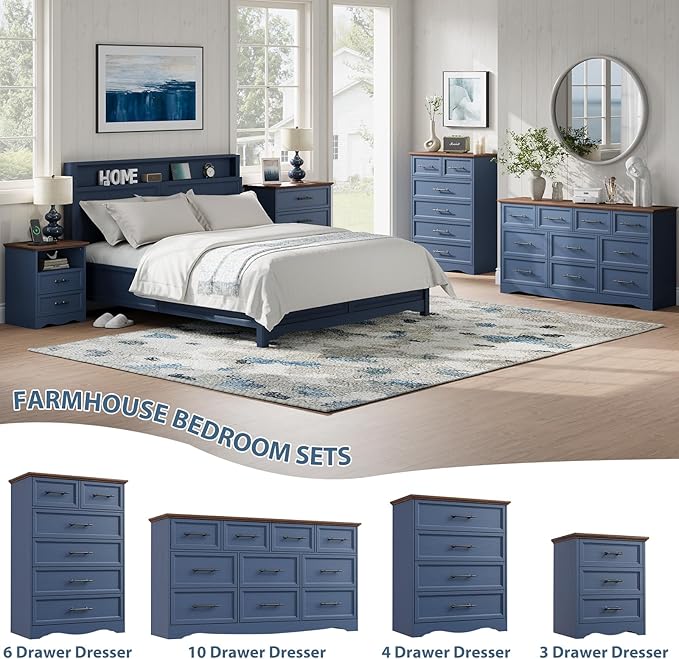 Blue Farmhouse Dresser for Bedroom, 10 Chest of Drawers, 59" Wide Chest of Drawers with Brushed Metal Handle, Wood Closet Organizers and Storage Cabinet for Bedroom, Living Room, Hallway
