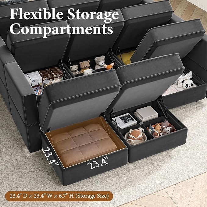 Vesgantti Sectional Sleeper Sofas with Storage, 118" Sofa Bed with 8 Seats Storage Chaises Removeble Cover, Deep Seat Modular Couches Velvet Couch Set for Living Room, Apartment, Home Theatre, Gray