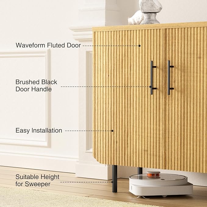 Modern Fluted Natural Storage Cabinet with 3 Doors, Adjustable Shelves, and Metal Legs, Accent Buffet Sideboard for Living Room, Dining Room, Entryway (Natural & Black)