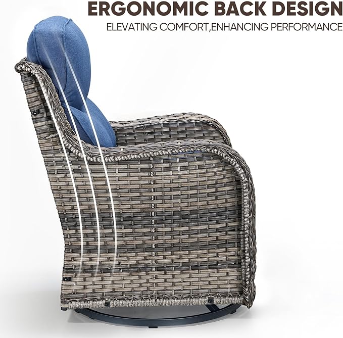 Swivel Patio Chairs sofa Set of 6 with 6" Thick Cushion - Wicker Outdoor Swivel Rocker Patio Chair ,Sofa/Glass coffee table, High Back Comfortable Outdoor Glider Chairs - Gery Wicker Blue Cushions