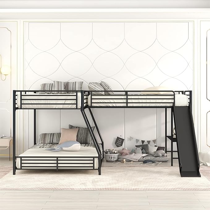 L-Shaped Twin Over Full Bunk Bed with Twin Size Loft Bed Frame Have Desk/Slide/Integrated Ladder/Full-Length Guardrails/Metal Slats Support/Easy to Assemble,for Adult Boy Girl,Black