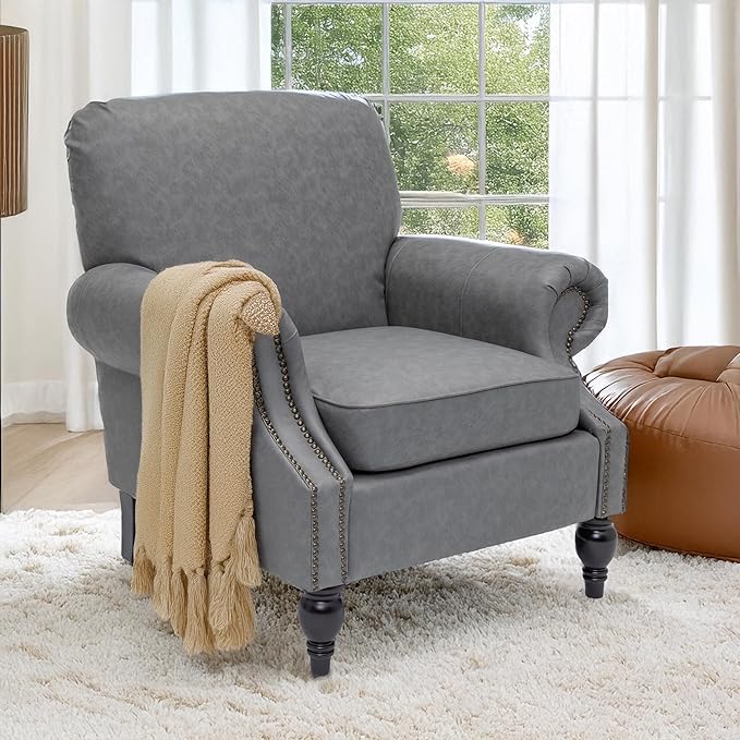 Accent Chair,22.4" Seat Depth Armchair with Roll Arms,36.6W*34.3D*34.6H Living Room Chair,Wood Legs,Set of 1,Faux Leather in Gray