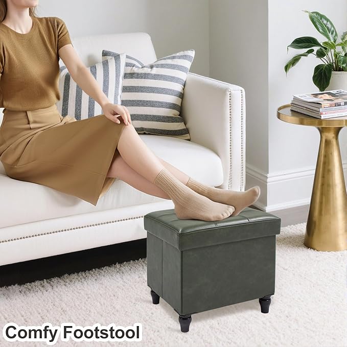 GLAXYFUR Storage Ottoman Bench, 15 Inches Foldable Ottoman Foot Stool with Legs, PU Leather Footrest for Living Room, Bedroom, Dorm (Green)