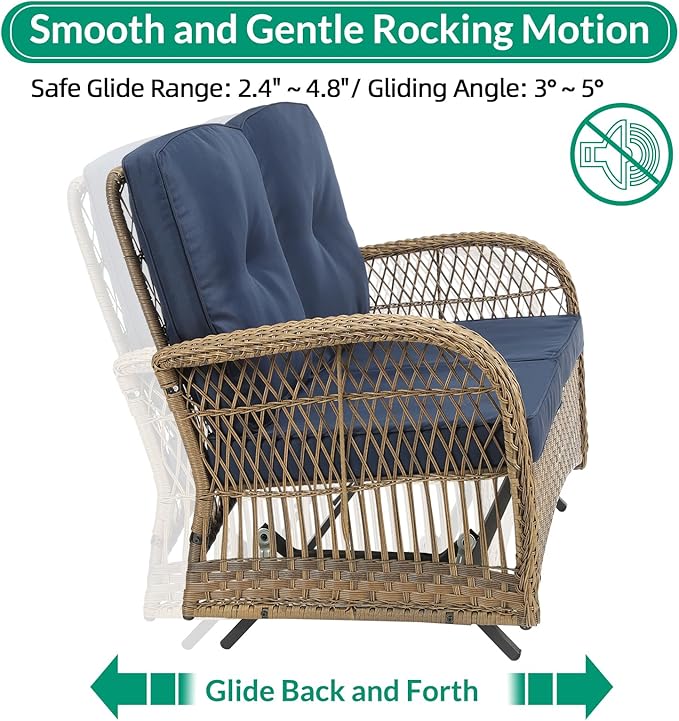 VIVIJASON 7-Piece Outdoor Patio Wicker Conversation Sets, All Weather Outdoor Rattan Furniture Set Includes Glider Loveseat, 2 Rocking Chairs, 2 Swivel-Gliders Chairs, 2 Coffee Table, Navy Blue