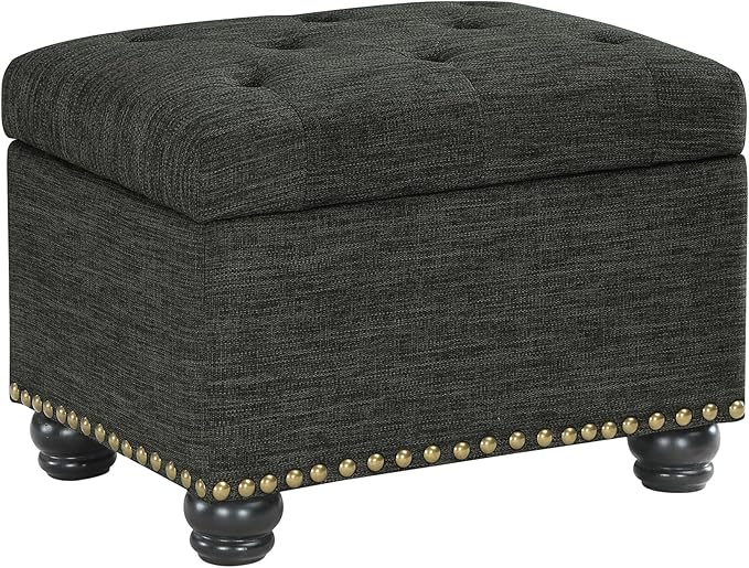 Convenience Concepts Designs4Comfort 5th Avenue Upholstered Storage Ottoman 24" - Contemporary Foot Stool and Seat with Hinged Lid for Living Room, Dining Room, Office, Den, Dark Charcoal Gray Fabric