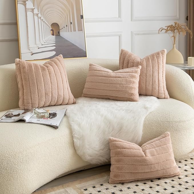 Pack of 2 Faux Fur Throw Pillow Covers 16x16 Inch Striped Decorative Soft Plush Couch Pillow Case Home Decor for Bed, Sofa, Living Room Beige