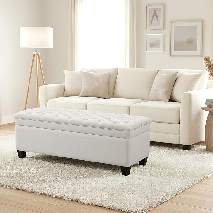 50" Storage Ottoman Bench, Rectangular End of Bed Storage Bench, Upholstered Large Fabric Tufted Ottoman with Storage for Living Room, Bedroom, Entryway,Wihte