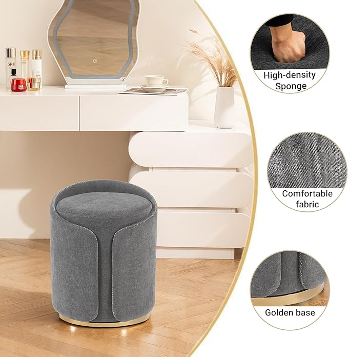 Swivel Vanity Stool with Gold Base Comfy Vanity Chair Modern Round Stool for Makeup Vanity Ottoman Foot Rest for Bedroom livingroom (Dark Gray)