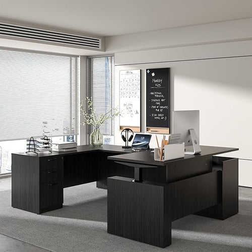 100.4'' Height Adjustable U-Shaped Executive Desk with 3-Drawer File Cabinet and Shelves (Grey-U)