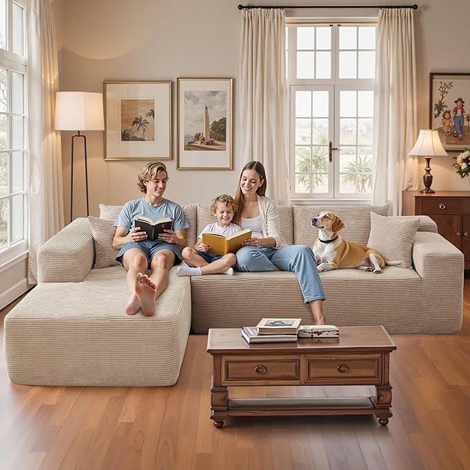 106" Cloud Sectional Couch with Chaise Lounge,L Shaped Modular Modern Sofa,Comfy Corduroy Fluffy Couches with Deep Seat,No Assembly Required Couch for Living Room(Left,Stripe Corduroy,Camel)