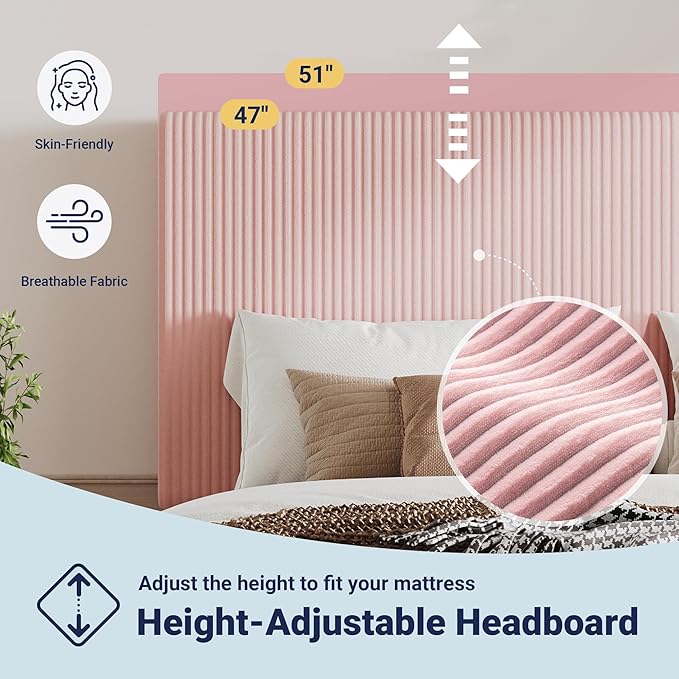 Allewie King Size Upholstered Bed Frame with Vertical Channel Tufted Headboard, Soft Corduroy Fabric Platform Bed, Strong Wooden Slats Support, Easy Assembly, No Box Spring Needed, Light Pink