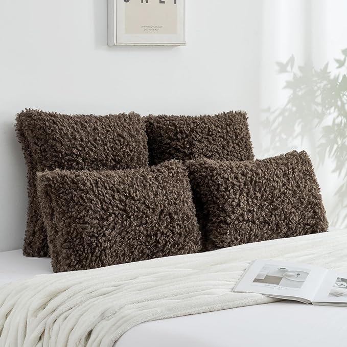 FUTEI Chocolate Decorative Throw Pillow Covers 12x20 Inch Set of 2,Soft Fluffy Faux Wool Fur Boucle Textured Lumbar Pillow Case,Modern Home Decor for Couch Bed Living Room Office