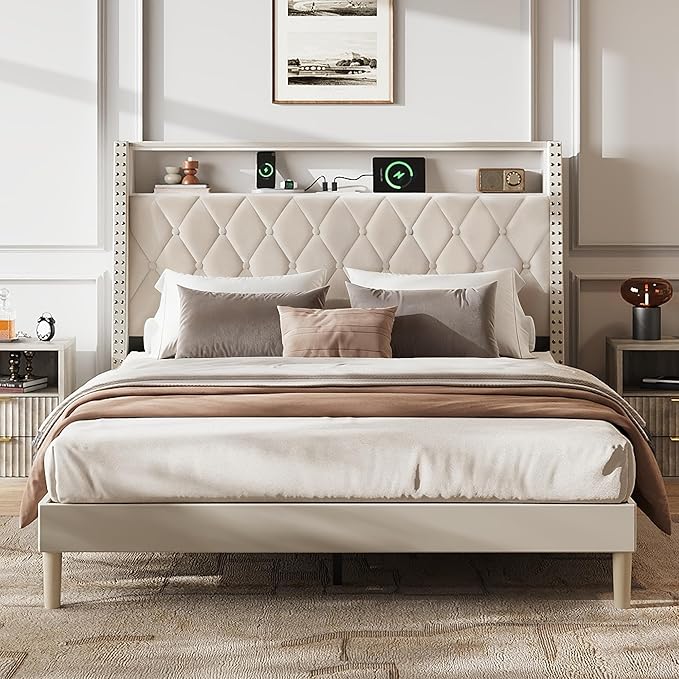WLIVE Queen Size Upholstered Bed Frame with Storage Headboard, Velvet Square Tufted Platform Bed with Charging Station, Sturdy Metal & Wooden Slats Support, No Box Spring Needed, Beige