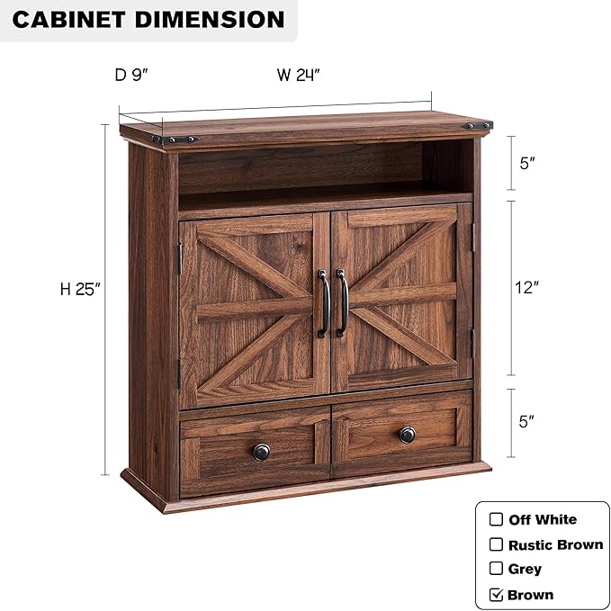 ACCOHOHO Bathroom Wall Cabinet, Farmhouse Medicine Cabinet, 24" Wide Cabinet with Drawer, Adjustable Shelf, Double Barn Doors, Storage Cabinet for Bathroom, Kitchen, Living Room, Brown