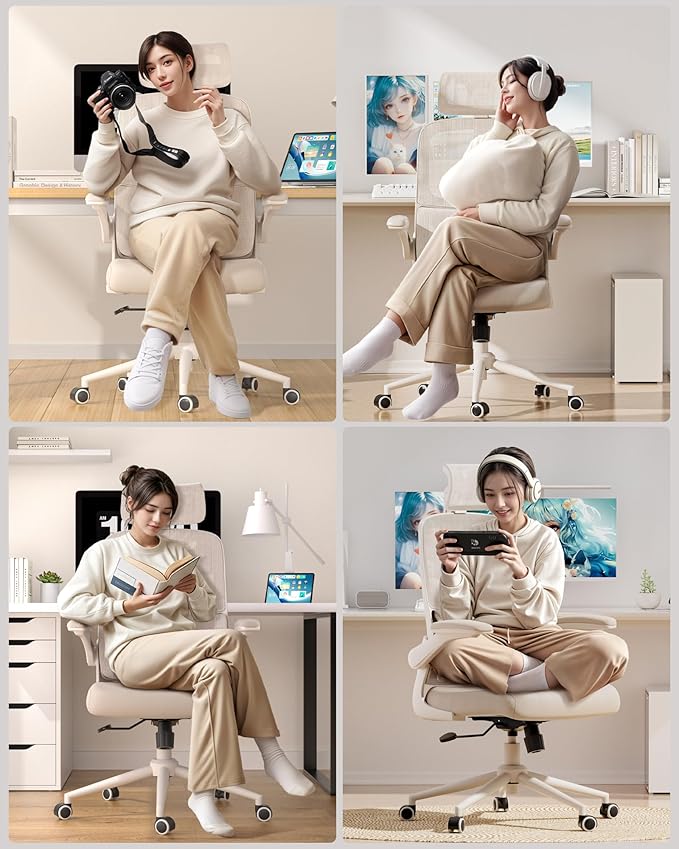Hbada P1 Ergonomic Office Chair with 2D Lumbar Support & Adjustable Headrest - Heavy Duty 300lbs Capacity, 102° Reclining, Foldable Arms, Thick Cushion - Perfect for Home Office Chair, White