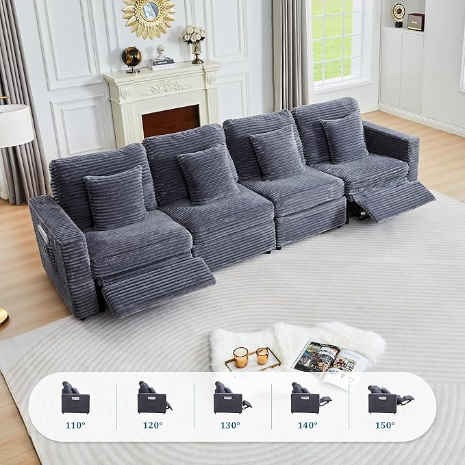 Power Reclining Sectional Sofa, Electric 3 Seat Recliner with 3 Electric Footrest and Adjustable Headrest, Modern Plush Corduroy Fluffy Reclining Sectional with Deep Seat for Living Room-Blue Grey