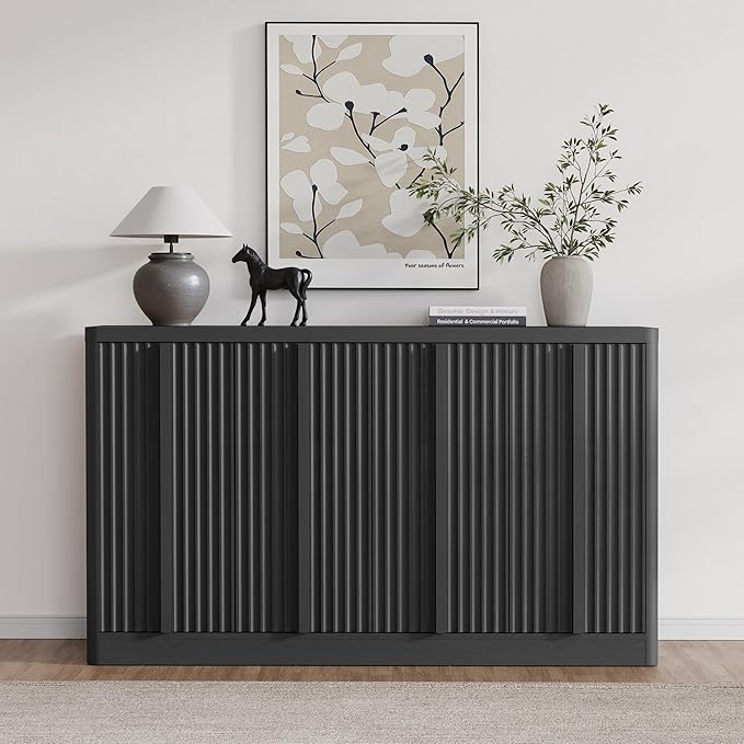 Buffet Cabinet with Storage, 60" Sideboard Buffet Cabinet with 4 Door, Modern Credenza Storage Cabinets with Adjustable Shelves, Solid Wood Handles for Kitchen, Dining, Living Room, Black