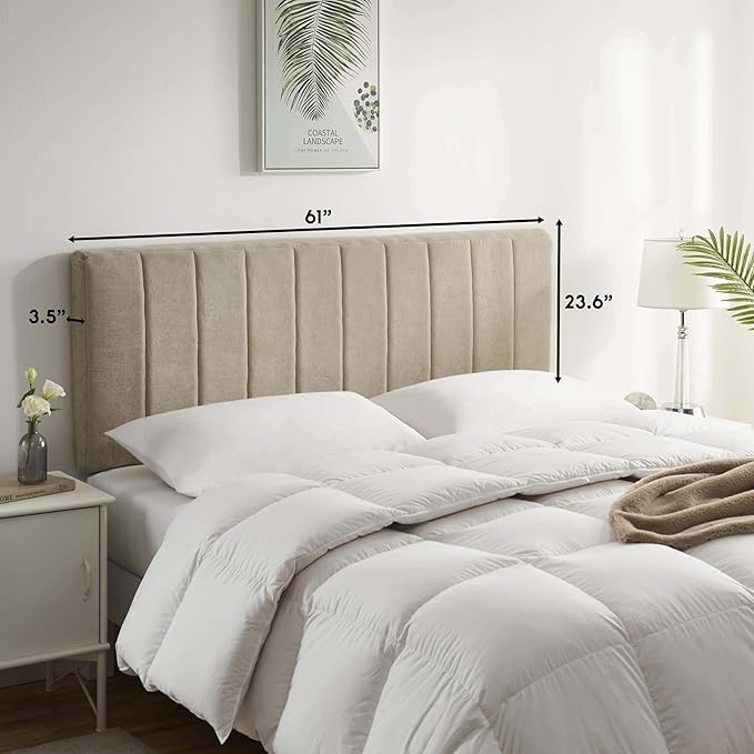 Hearth & Harbor Upholstered Queen Headboard - Easy Assemble Channel Stitched Headboard Queen Size - Wall Mounted Headboards with 3D Soundproof Wall Panels Peel & Stick Floating Headboards, Linen
