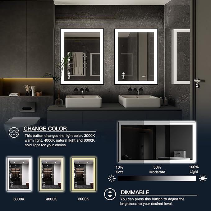 ISKM Framed LED Mirror for Bathroom 60"x28", Dimmable LED Bathroom Mirror with Lights, Anti-Fog, Front and Backlit Lighted Mirror 3-Colors, Shatterproof, Memory Function