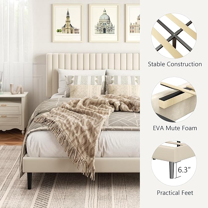 Queen Size Platform Bed Frame with Velvet Upholstered Headboard, Queen Bed Frame with Strong Wood Slats, Box Spring Optional, Mattress Foundation, Easy Assembly Beige