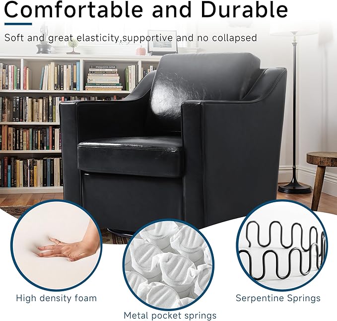 Pia Ricco Set of 2: Modern Oversized Faux Leather Swivel Accent Chairs w/Removable Covers for Living Room, Reception Value Pack,Black