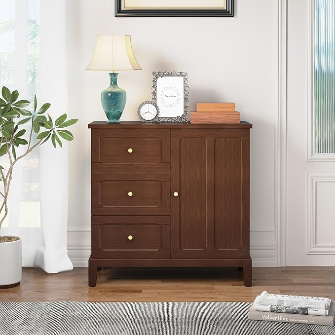 HLR Accent Cabinet with 3 Drawers and Door, Wooden Storage Cabinet with Shelves, Sideboard for Living Room, Entryway, Brown