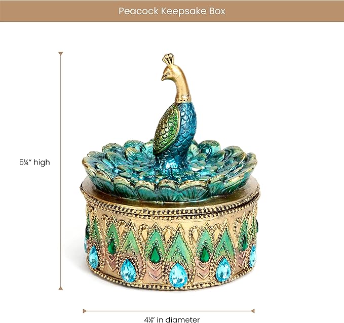 Bits and Pieces Peacock Jewelry Box for Women Small Keepsake Box with Peacock Figurine Lid - Decorative Boxes for Home Decor